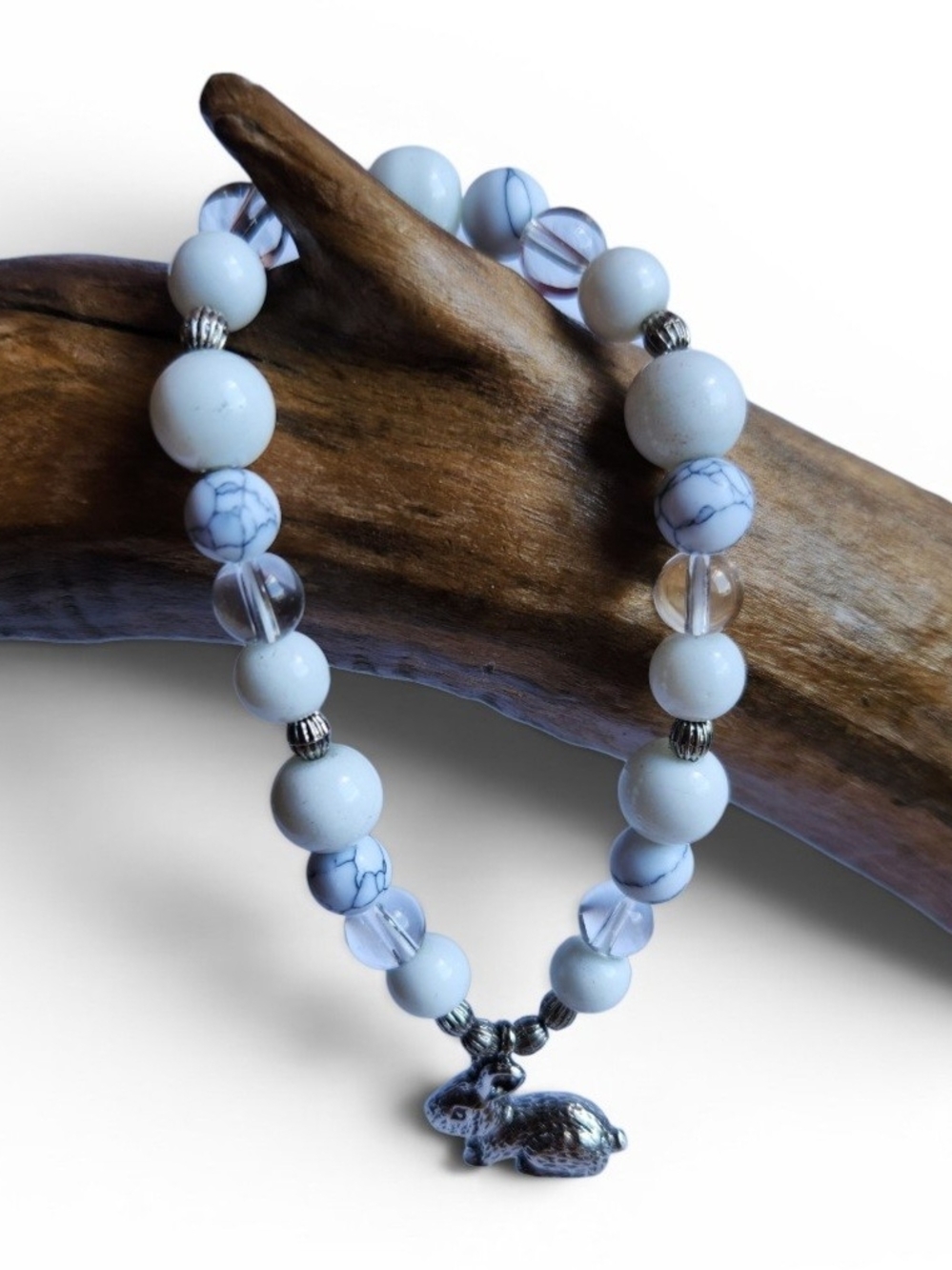 Handmade Howlite & White Glass Beaded Bracelet with Bunny Charm